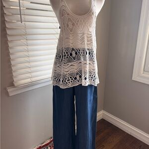 White Crochet Tank Top with Blue Wide-Leg Pants